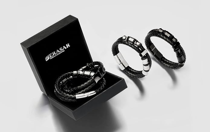 SERASAR Premium Leather Bracelet Men | Stainless Steel Magnetic Clasp | Three Colors | Jewelry Box Included