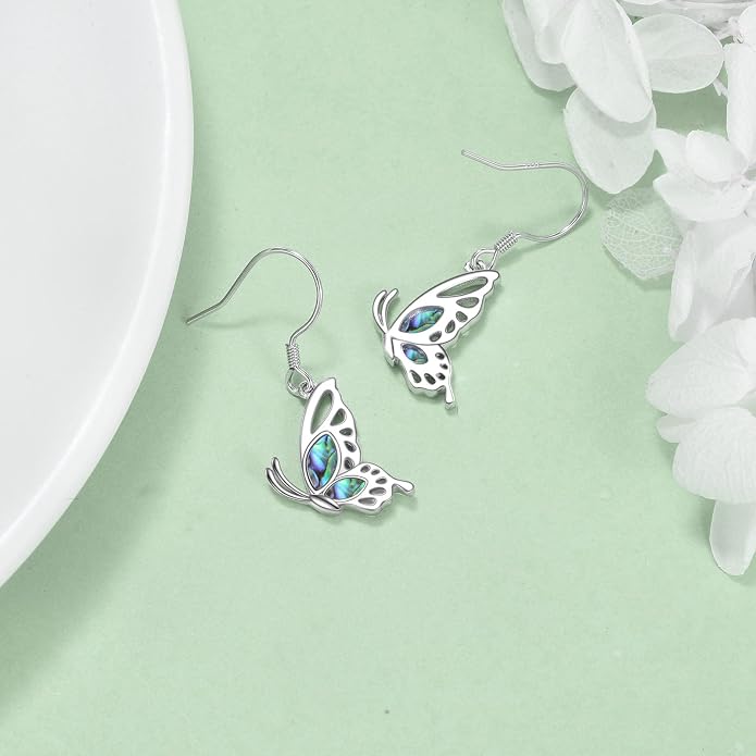 VONALA Abalone Shell Filigree Earrings 925 Sterling Silver Half Butterfly/Dragonfly Teardrop/Long/Vintage Abalone Shell Drop Dangling Earrings Bohemian Jewelry Gifts for Women