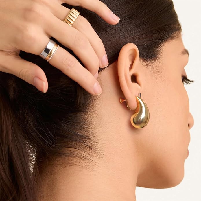 Gold Drop Clip On Earrings Dupes Teardrop Chunky Non Pierced Earring 14K Real Gold Plated Hypoallergenic Lightweight Earrings for Women（Gold and Silver）