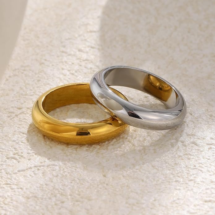 Unisex 5mm Chunky Dome Wedding Band Ring, Comfort Fit Stackable Signet Ring, Tarnish Resistant Hypoallergenic, 18K Gold Plated or Steel