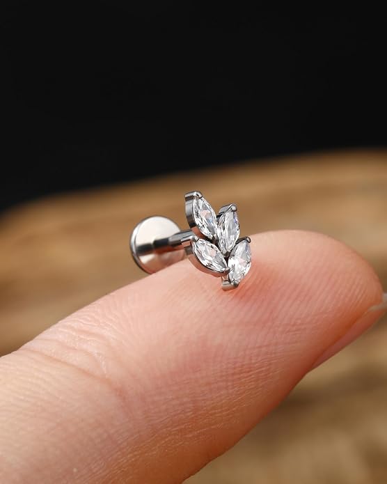 Jewseen G23 Titanium Flat Back Earrings Internally Threaded Cartilage Stud 16g Nose Leaf Lip Tragus Helix Earrings for Women Men