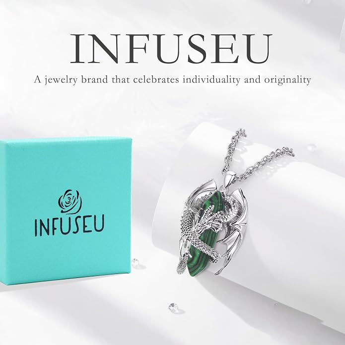 INFUSEU Unique Dragon Necklaces with Healing Crystal Stone for Men Women, Personalized Spiritual Gifts, 24 Inch Chain