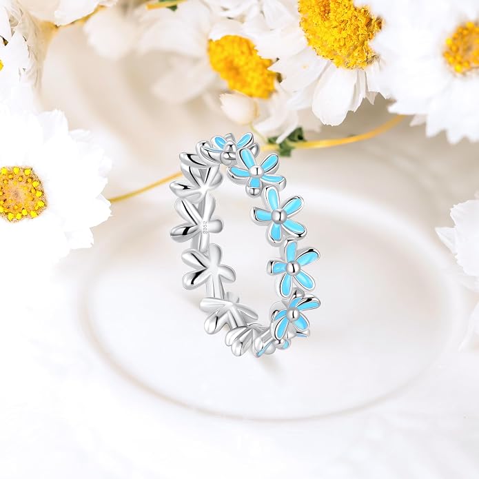 S925 Sterling Silver Dainty Daisy Flower Rings for Women, I Think Of You Every Daisy, 12 Month Birth Flower Ring