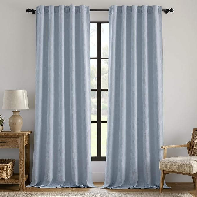 MIULEE Thick Linen Curtains 96 Inches Long Light Blue Semi Sheer for Farmhouse/Living Room/Bedroom, Linen Textured Light Filtering Window Privacy Drapes with Back Tab Rod Pocket, 42Wx96L, Set of 2
