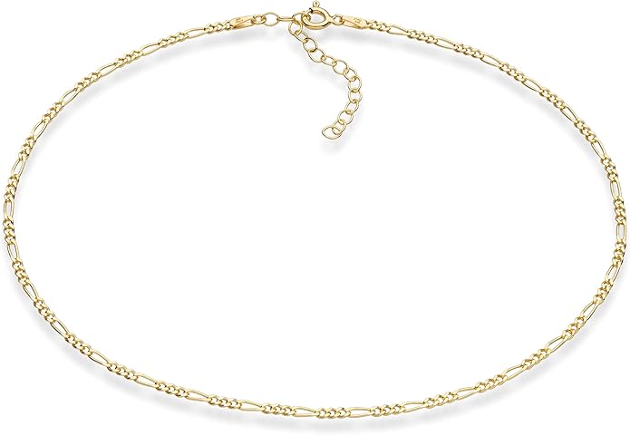 Miabella 925 Sterling Silver, 18K Gold Plated 925 Sterling Silver Figaro, Beaded Singapore, Sparkle, Cuban Link Chain, Choker Necklace for Women Made in Italy