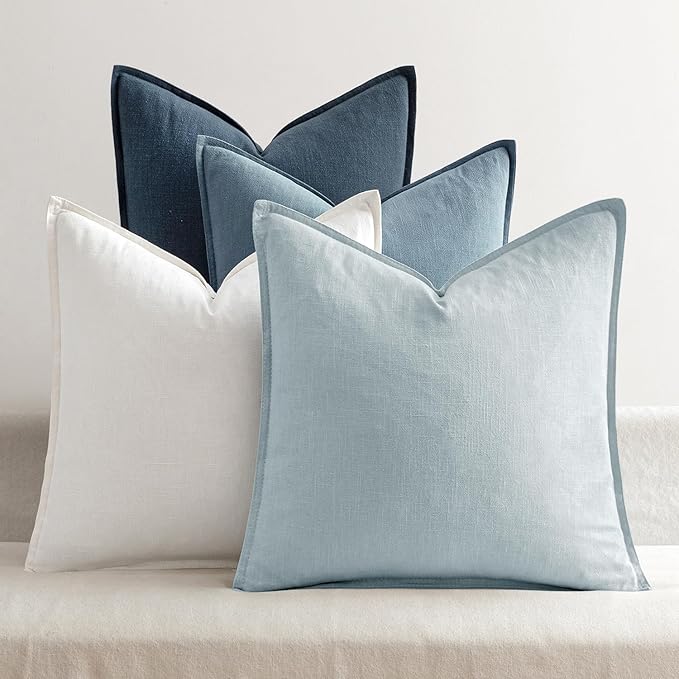 MIULEE Blue Boho Linen Decorative Pillow Covers 20x20 Inch Pack of 4 | Natural Throw Pillow Covers Soft Farmhouse Couch Pillowcases Modern Home Coastal Decor for Living Room Bed Sofa
