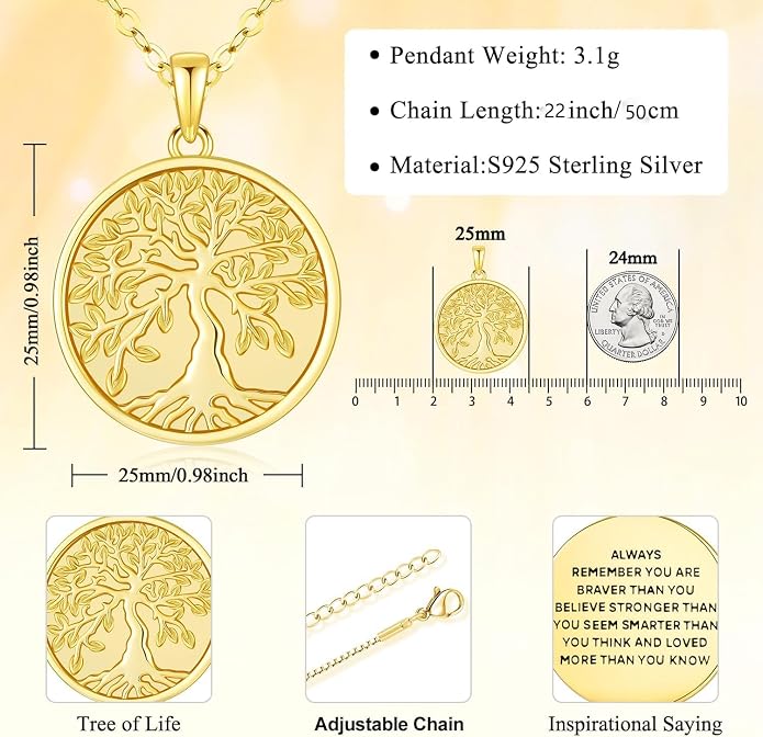 Aniu Tree of Life Necklace for Women, 925 Sterling Silver Mother of Pearl Family Palm Tree Charm Pendant Jewelry for Birthday Christmas Gift
