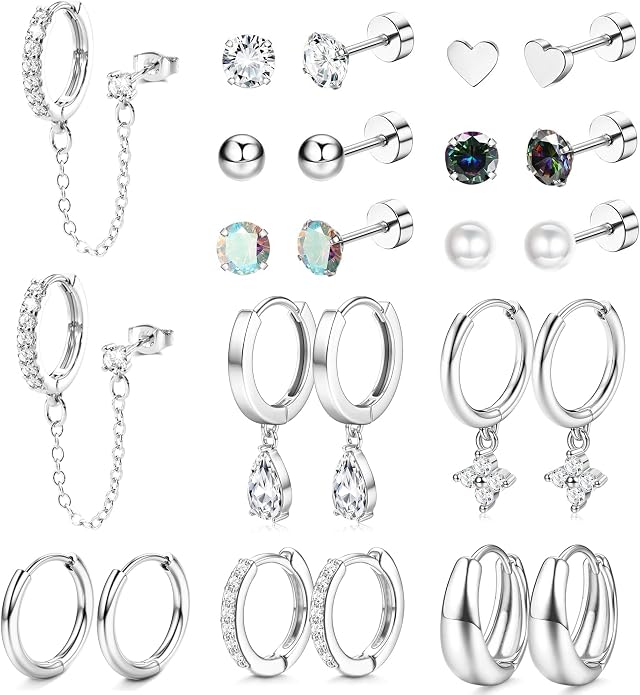 Incaton Hypoallergenic Flat Back Earrings for Women 14K Gold Stainless Steel Earrings for Sensitive Ears 20G Cartilage Earring Stacks Huggie Hoops Flatback Stud Earring Sets for Multiple Piercing Silver