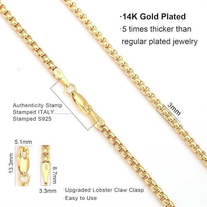 925 Sterling Silver Box Chain Lobster Clasp 2/3/4/5mm Necklace for Women Mens Box Chain Silver/14K Gold Plated Plated Necklace Chain Diamond Cut 16-30 Inches