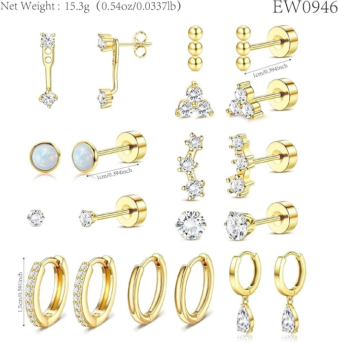 Stainless Steel Stud Earrings Set for Women Hypoallergenic Flat Back Cartilage Earrings Screw Back Huggie Hoop Earrings Multiple Piercing Cubic Zirconia Helix Tragus Jewelry