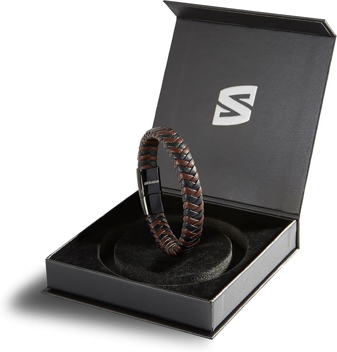 SERASAR | Premium Bracelet for Men in Genuine Black & Brown Leather | Magnetic Stainless Steel Clasp | Jewelry Box Included | Great Gift Idea