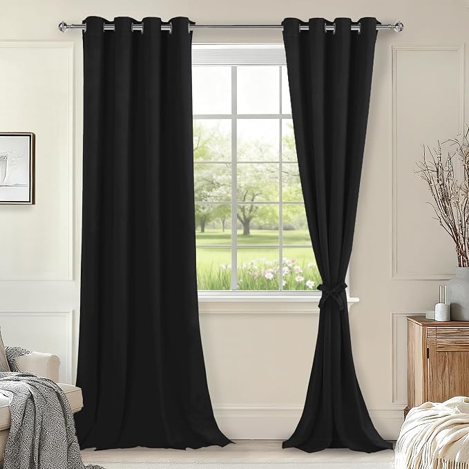 Hiasan Blackout Curtains for Bedroom, 52 x 102 Inches Long - Thermal Insulated & Light Blocking Window Curtains for Living Room, 2 Drape Panels Sewn with Tiebacks, Black