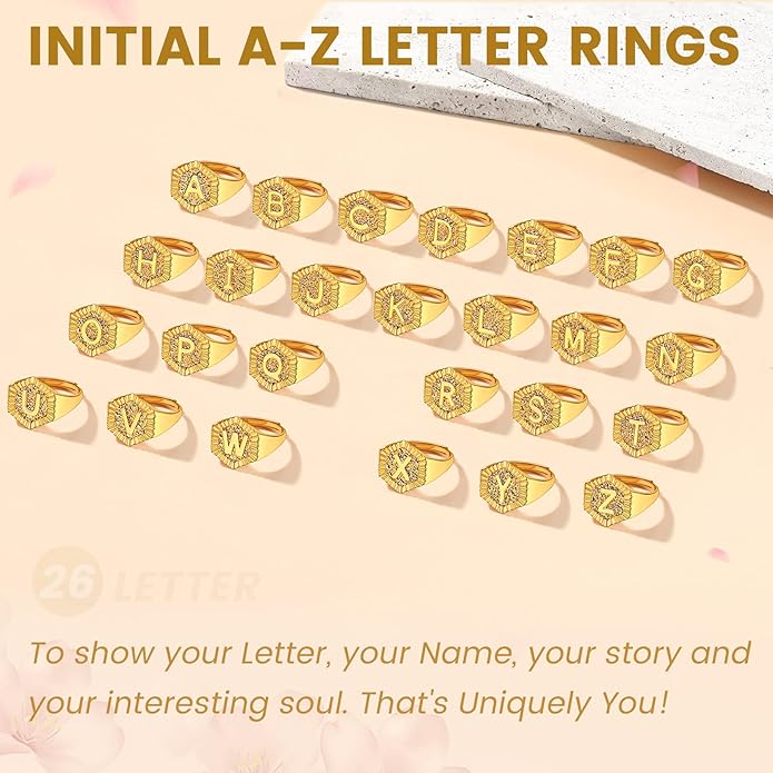 KeyStyle Bold Initial Letter Rings Adjustable, GoldChic Jewelry Women Gold Statement Ring Personalized Engraved Women’s Open Signet Ring for Party (Gold, White Gold, Black)