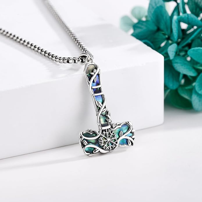 Thors Hammer Necklace 925 Sterling Silver Abalone Shell Mjolnir Amulet Pendant Nordic Jewelry for Women Men