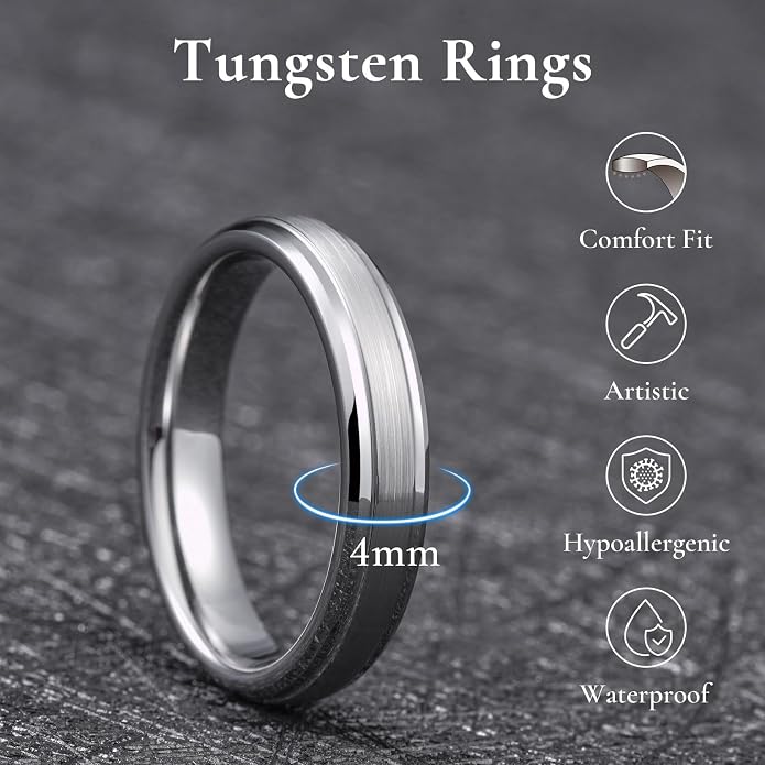King Will Classic Tungsten Wedding Band for Men, 6/7/8/9/10mm Widths, Polished Finish Step Edge Matte Rings Comfort Fit