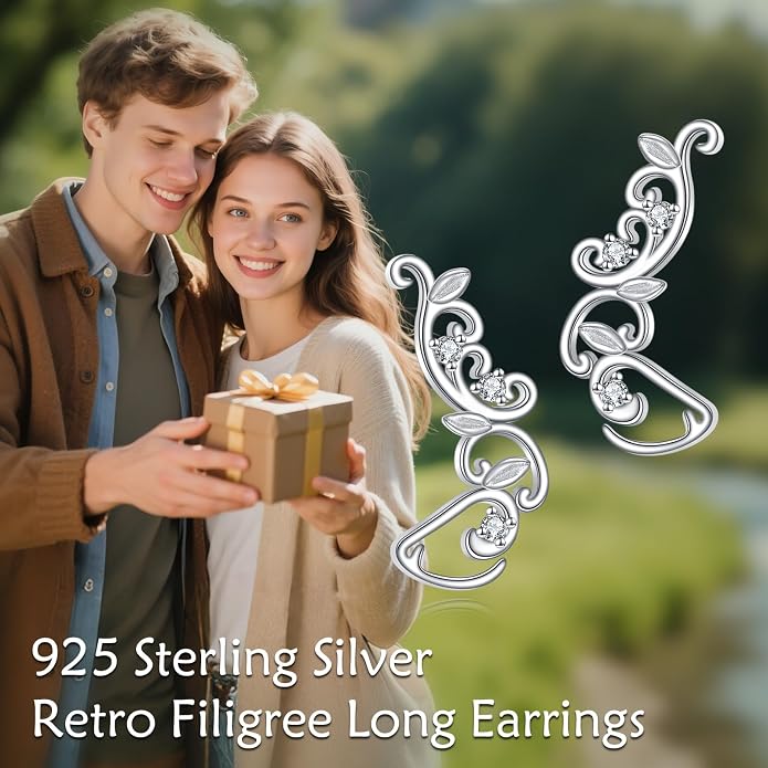 POPLYKE Vintage Ear Climbers Earrings for Women 925 Sterling Silver Filigree Ear Crawler Cuff Studs Jewelry Gifts