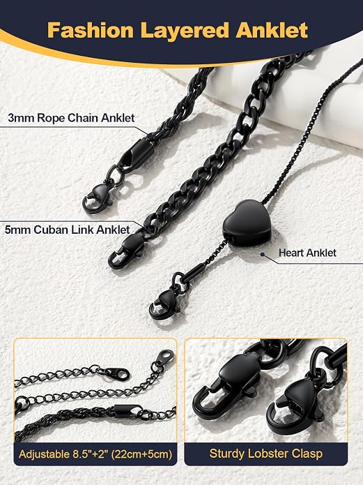 U7 2Pcs/3Pcs Ankle Bracelets for Women, Stainless Steel Cuban Link/Figaro/Rope/Heart Chain Anklets Sets,Waterproof Layered Anklets Adjustable 8.5"-10.5"