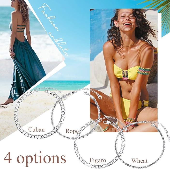 FOCALOOK 14K Gold Plated Anklets for Women Waterproof Plus Size Ankle Bracelet 8.5-10.5 Inch Adjustable Mariner/Figaro/Flat Snake/Cuban Link Chain Anklet Jewelry for Summer Beach Holiday