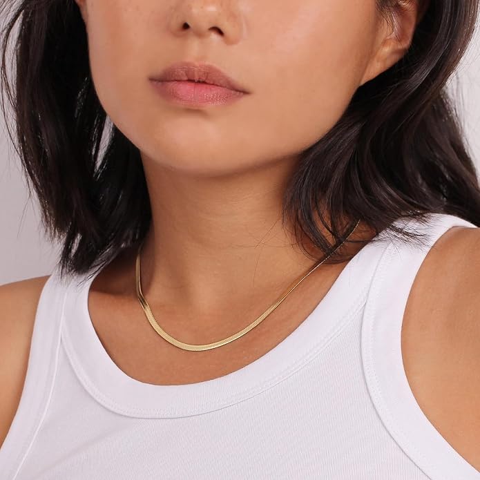 CHESKY Gold Necklace for Women-14K Plated/S925 sterling silver Snake Chain Necklace Dainty Simple Chunky Herringbone Necklace Gold Choker Necklaces Jewelry for Women Mothers Day Gifts for Mom