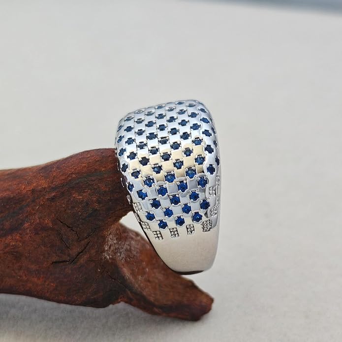 Bold Architectural Ring with Blue Zirconia, 925 Sterling Silver White Gold Plated Chunky Wide Eternity Band, Brutalist Statement Ring for Women, Maximalist Jewelry Gift