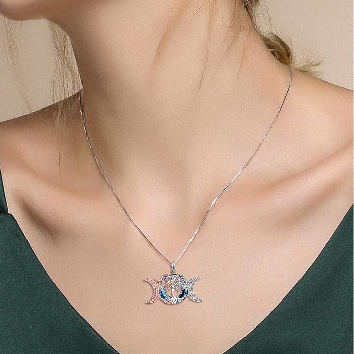 POPLYKE Tree of Life Necklace for Women Sterling Silver Celtic Knot Family Tree With Blue/Purple/Volcano Crystal Irish Gifts for Mom Wife Birthday Christmas