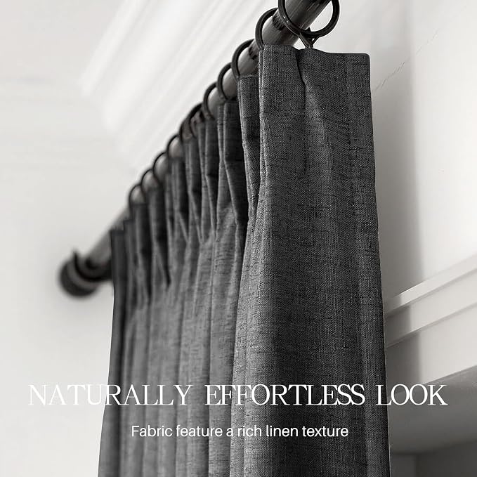 Pinch Pleated Curtains 100% Blackout Linen Curtains 102 Inches Long for Bedroom Living Room, Dark Gray Memory Trained Thermal Insulated Room Darkening Window Drapes with Hooks 2 Panels 40"Wx102"L