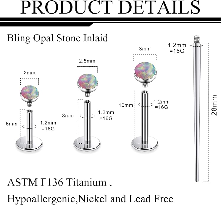 Ruifan Titanium Flat Back Lip Rings Externally Threaded Earrings Studs Nose Rings 20G 18G 16G Jeweled Round Opal Tragus Cartilage Lobe Rook Helix Conch Labret Medusa Piercing Jewelry for Women Men