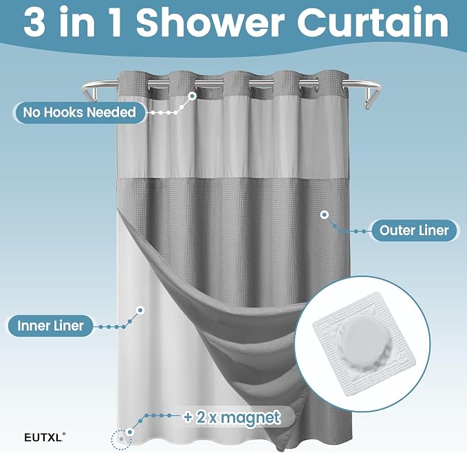 EUTXL Heavyweight Long No Hook Shower Curtain with Snap in Liner,256GSM Waffle Weave Shower Curtains for Bathroom,71W x 77H(75"),Grey