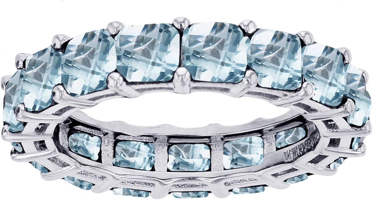 Sterling Silver Rhodium Polished 4mm Multi Color Asscher Princess Cut Cubic Zirconia Eternity Band for Women | AAA Cubic Zirconia Gemstone Engagement Wedding Band Ring | Sizes 5-10