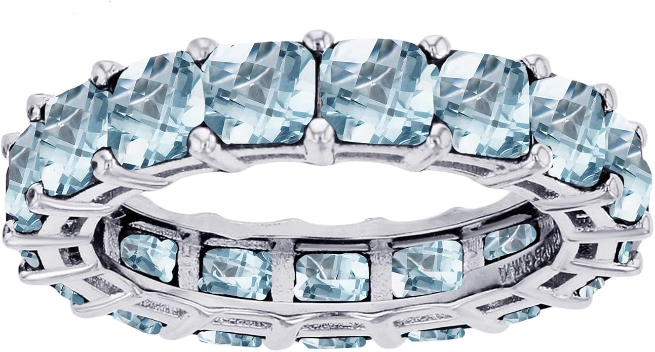 Sterling Silver Rhodium Polished 4mm Multi Color Asscher Princess Cut Cubic Zirconia Eternity Band for Women | AAA Cubic Zirconia Gemstone Engagement Wedding Band Ring | Sizes 5-10