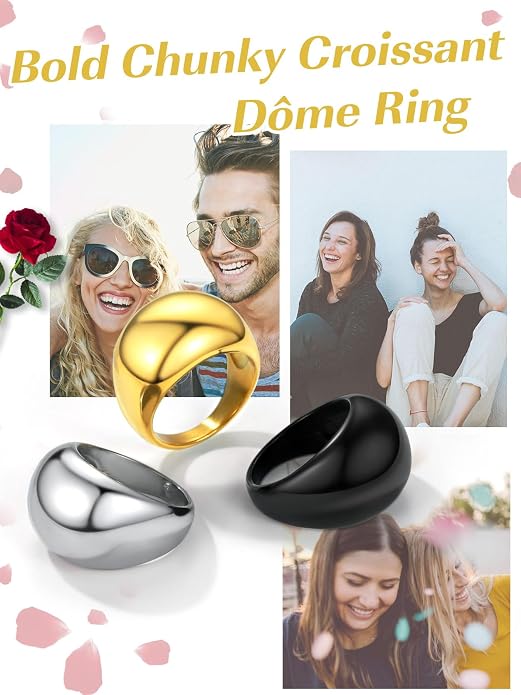 GOLDCHIC JEWELRY Chunky Dome Ring for Women, Stainless Steel Bold Stacking Croissant Statement Ring For Men (Size 7-12, Custom)