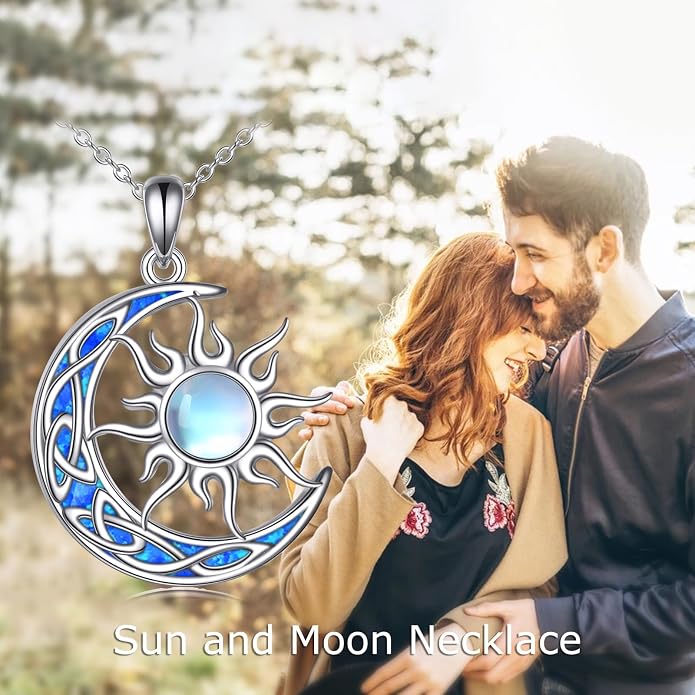 Sun and Moon Necklace for Women 925 Sterling Silver Celtic Crescent Moon Pendant Blue Opal/White Opal/Abelone Shell/Labradorite/Moonstone Jewelry Gift for Teen Girls