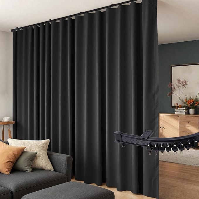 Room Divider Curtains Flexible Ceiling Tracks set Curtain track Ceiling Mount Blackout Curtain for Living Room Bedroom Ceiling Curtain Rod Privacy Dividers Panels W150 x H108 Black Drape & Black rail