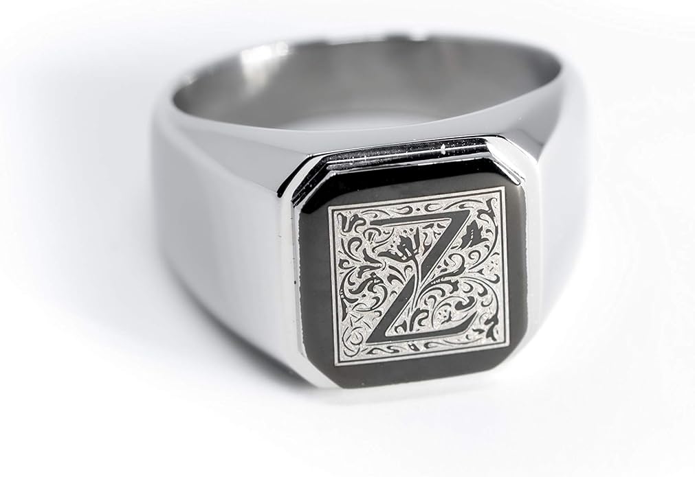 Jewelry | Stainless Steel Letter Alphabet Initial Ring | Square Flat Top Ring for Men & Women | Stainless Steel Jewelry, (Black, Gold, Silver), Size 7-16