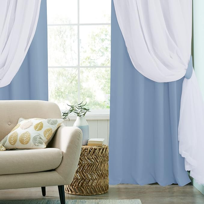 PONY DANCE Curtains for Living Room - 84 inches Long Sheer Curtains with Blackout Panels Double Layered Blackout Home Decor, 52-inch Wide, Shadow Blue, Set of 2