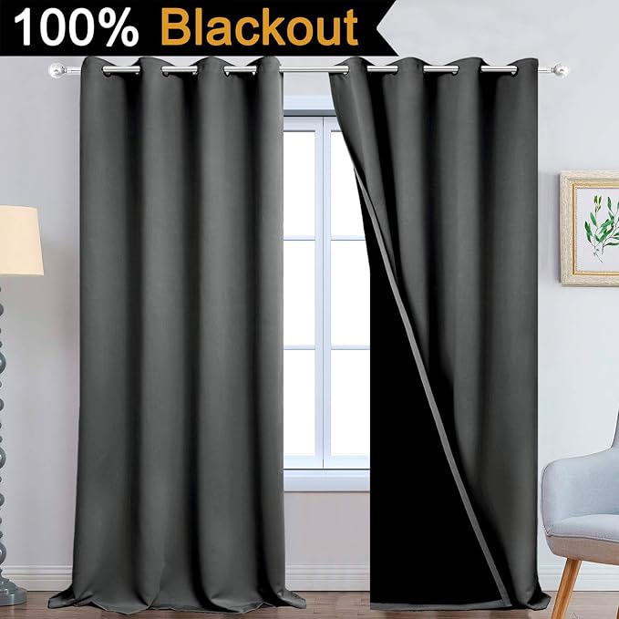 Yakamok Dark Grey 100% Blackout Curtains 108 Inches Long 52" Wide 2 Panels | Blackout Curtain Panels for Bedroom, 2 Thick Layers Grommet Top Thermal Insulated Drapes with Black Liner for Living Room