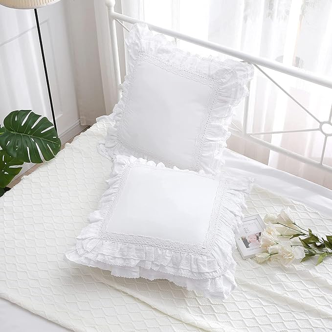 White Lace Throw Pillow Covers Euro Shams Cushion Cases with Ruffles Cotton 24"X24" Zipper Closure Luxury Elegant 2-Pack
