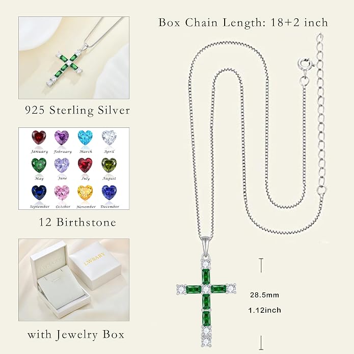 Birthstone Cross Necklace for Women 925 Sterling Silver Christian Religious Crucifix Pendant Rectangular Cut Birthstone Jewelry Gifts for Her