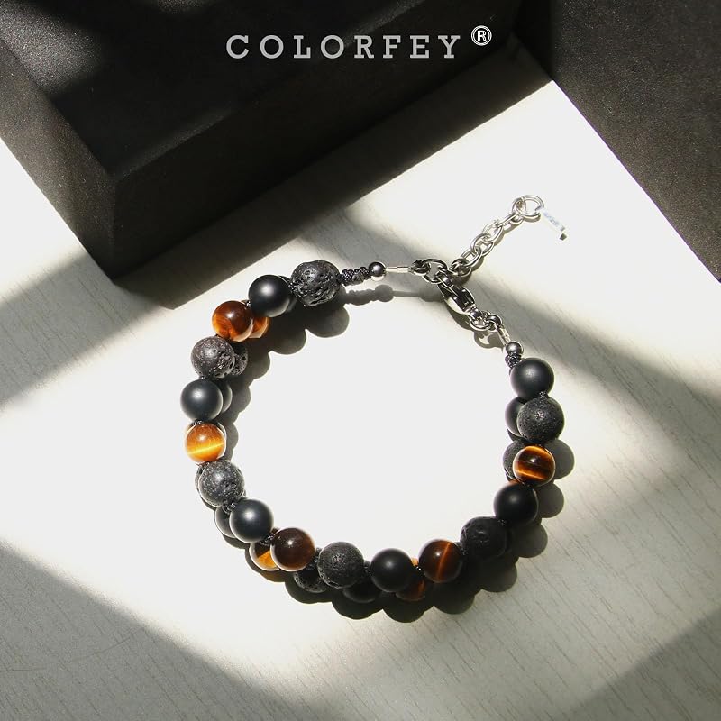Protection Crystal Beaded Bracelet for Men, Mens Triple Protection Bracelet Tiger Eye Black Onyx Lava Bead Bracelet, Premium Handcrafted 2Row Bracelets Energy Crystal Jewelry for Balance