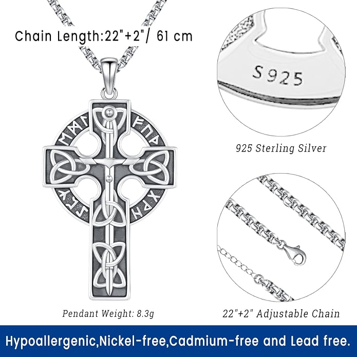 Eusense Viking Jewelry for Men Women Sterling Silver 925 Mjolnir Thors Hammer Pendant Celtic Cross Necklace Wolf Odin Raven Freya Goddess Norse Pagan Compass Vegvisir Yggdrasil Nordic Viking Necklaces Gifts