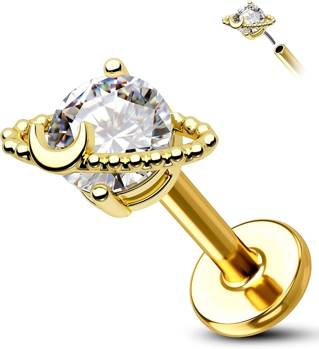 Cocharm 14K Solid Gold Cartilage Earring - Planet Yellow Gold Flat Back Helix Stud, 16g
