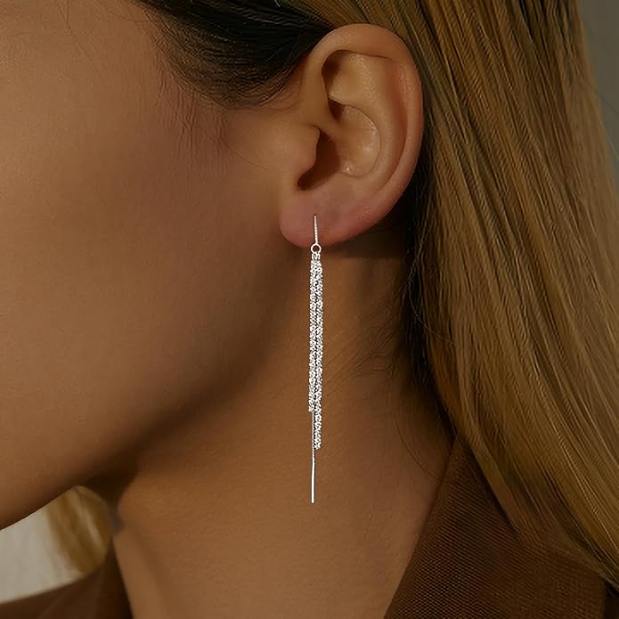 925 Sterling Silver Tassel Chain Dangle Earrings for Women Sparkling Long Fringe Dangle Drop Earrings Bling Line Minimalist Wedding Studs Earring Jewelry Birthday Christmas Gifts for Her