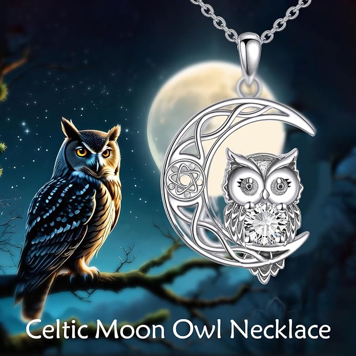 Owl Birthstone Necklace Sterling Silver Celtic Moon Pendant Cubic Zirconia Owls Jewelry Birthday Gifts for Women Men