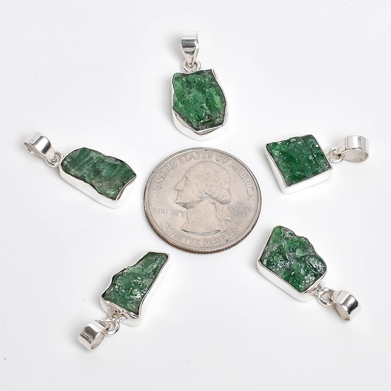 Natural Real Raw Tsavorite Garnet Crystals Bezel Pendant Necklace, Birthstone, Healing Rough Gemstone, Silver Plated Jewelry 18 inch (1 pendant)