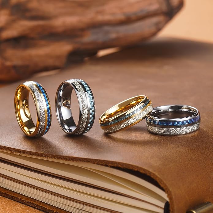 King Will Tungsten Rings for Men Meteorite Carbon Fiber Wood Inlay Mens Wedding Engagement Band Domed Polished