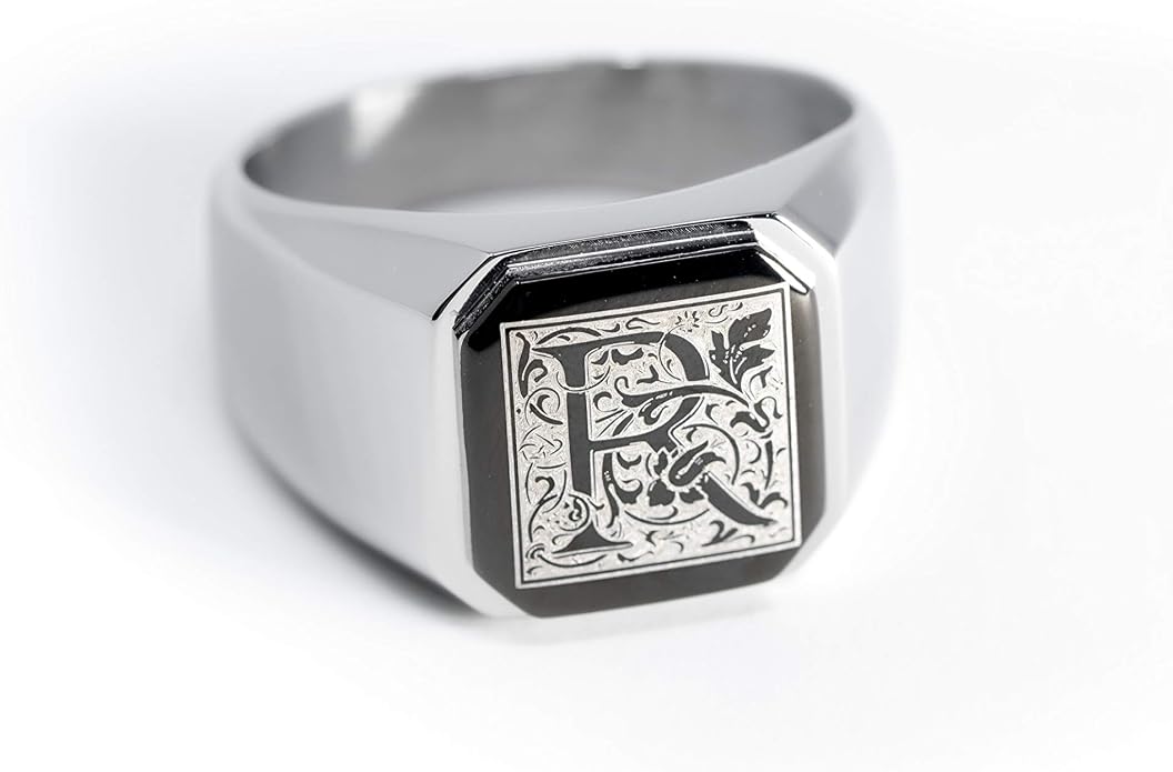 Jewelry | Stainless Steel Letter Alphabet Initial Ring | Square Flat Top Ring for Men & Women | Stainless Steel Jewelry, (Black, Gold, Silver), Size 7-16