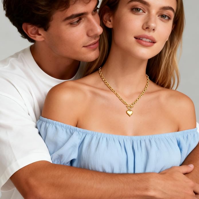18k Gold/Silver Plated Tiny Heart Chain Link Necklace for Women Dainty Heart Pendant Chain Necklace Chunky Paperclip Choker Necklace for Women Trendy Jewelry Valentines Day Gifts for Women(s)