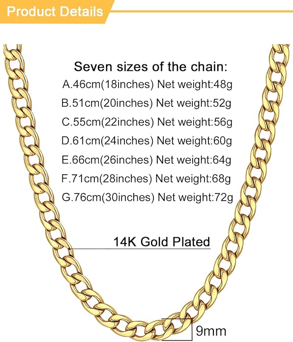 U7 Cuban Link Chain for Men Women Stainless Steel Curb Necklace, 7/9/12/15 MM Chunky Chain Silver/Gold/Black Mens Hip Hop Jewelry 18''-30''