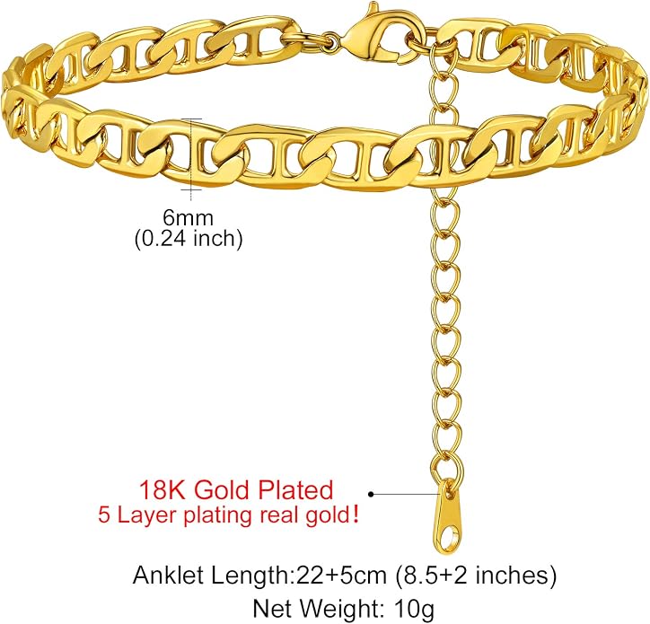 GoldChic Adjustbale Link Chain Anklet for Women Summer Jewelry, 316L Stainless Steel Figaro/Wheat/Twist Rope/Cuban Foot Bracelet-Waterproof, Resizable 9"-12" (Gift Box Included)