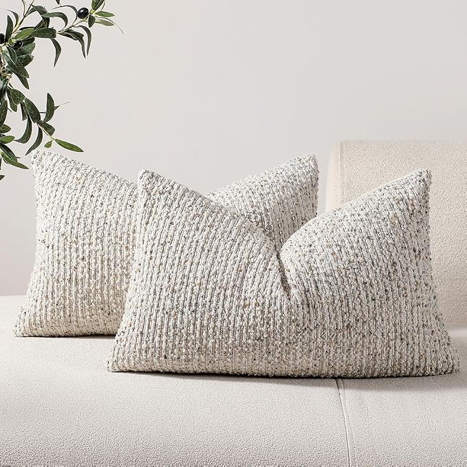 DEZENE Striped Throw Pillow Covers 12x20 Set of 2 Cream Grey Textured Boucle Chic Morden Boho Accent Farmhouse Rectangular Lumbar Decorative Couch Pillow Covers for Home Decor Bed Sofa Living Room